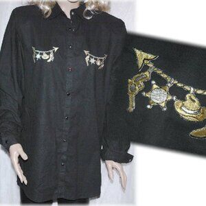 Vintage Country Western Snap Shirt Embroidered Cowboy Theme Rodeo Womens L